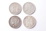 set of 4 coins: 5 francs, Second Republic: 1848 (A, XF), 1849 (A, VF-XF), 1850 (A, VF-XF) / Third Re...