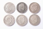 set of 6 coins: 5 francs, Louis Philippe I: 1832 (W, F-VF), 1835 (W, F-VF / D, VF), 1838 (W, F-VF),...